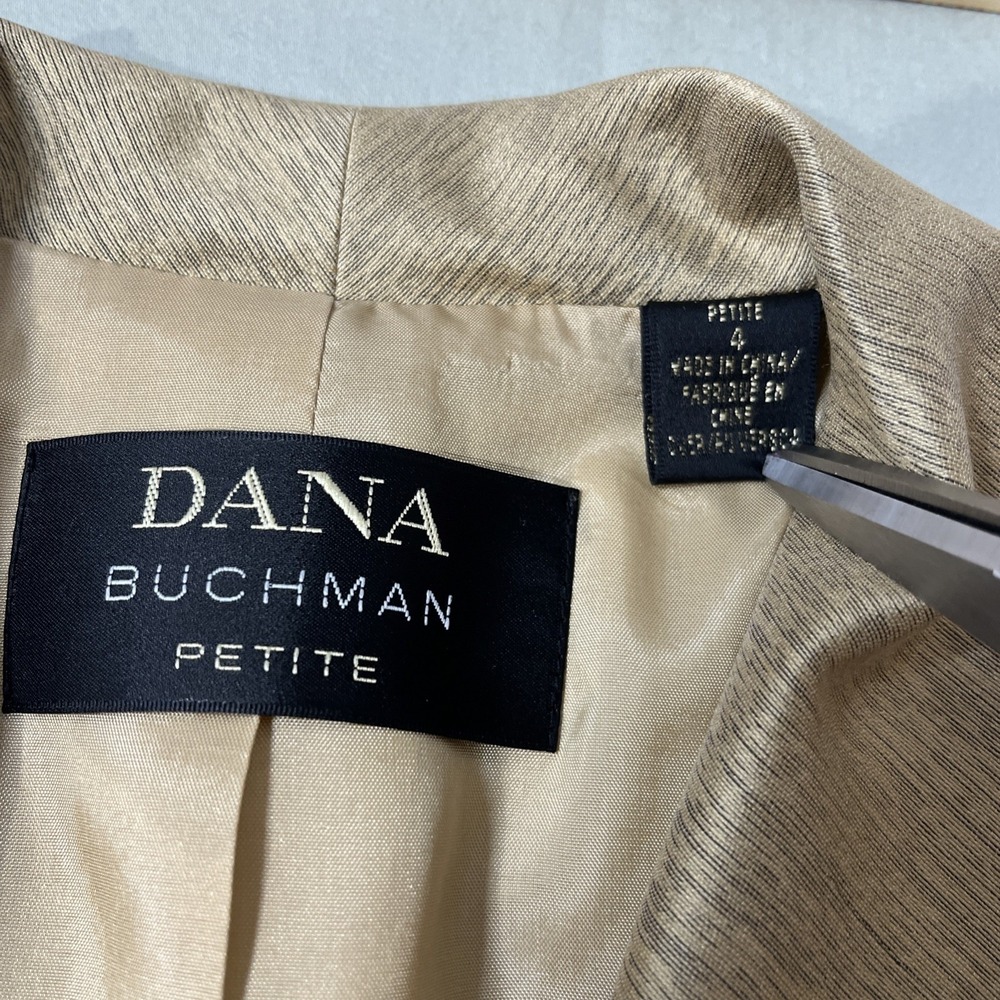 Dana‎ Buchman Open Front Gold Silk Wool Textured Weave Blazer Jacket Petite 4 - Picture 8 of 13